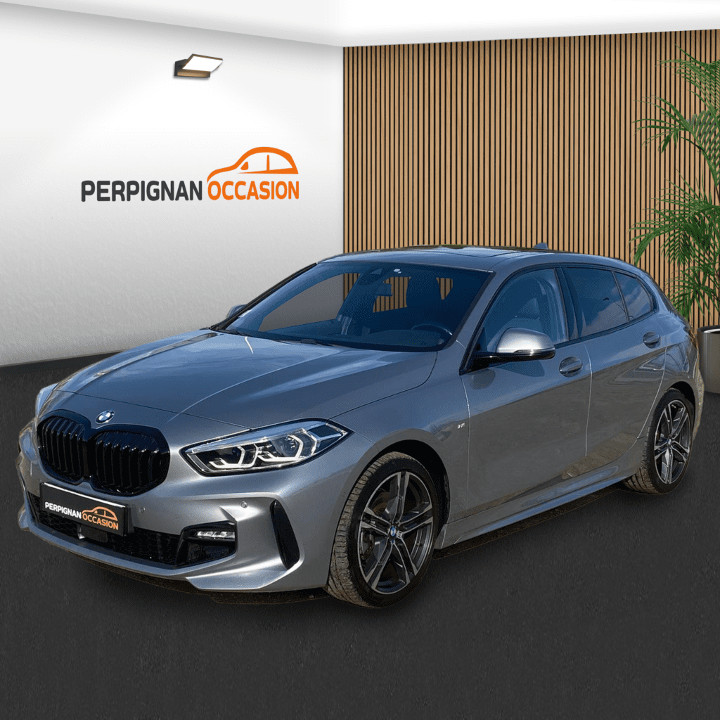 BMW Série 1 116d M Sport grise d'occasion à Carcassonne – vue avant de la compacte / voiture occasion Carcassonne